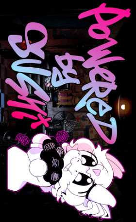 Powered by Sushi graffiti lettering and mascot over a dark night scene