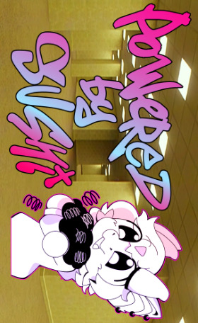 Powered by Sushi graffiti lettering and mascot over a gold-toned background